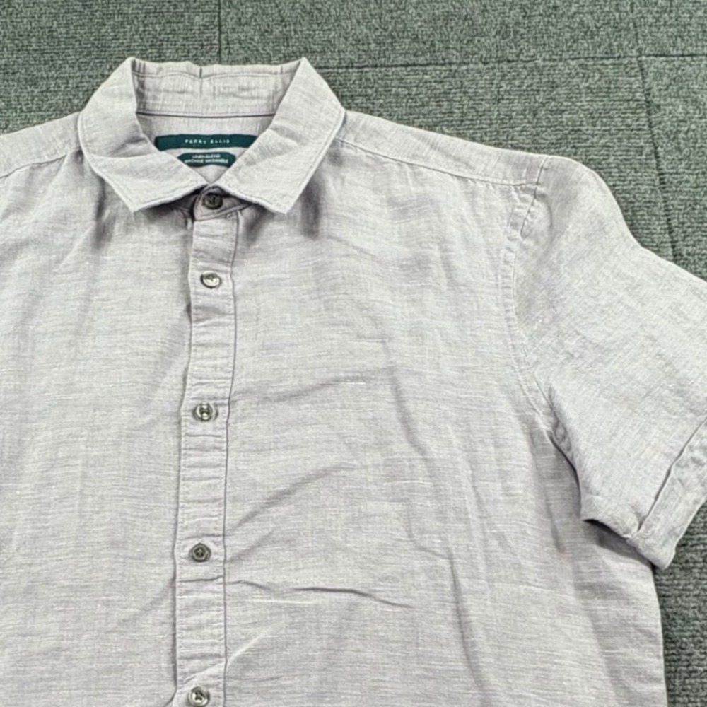 Perry Ellis Mens Large Linen Blend Short Sleeve Button Down Shirt